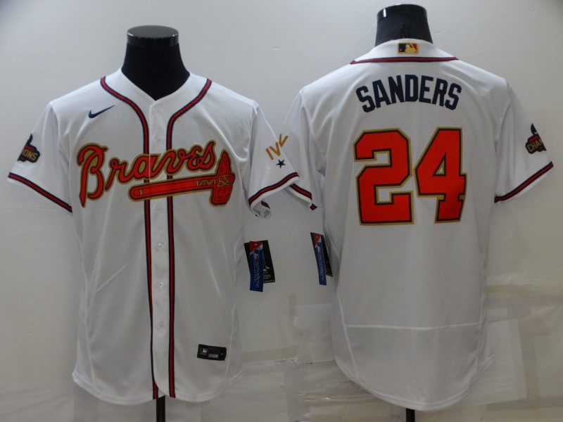 Men's Atlanta Braves #24 Deion Sanders 2022 White/Gold World Series Champions Program Flex Base Stitched Baseball Jersey Men's Atlanta Braves #24 Deion Sanders 2022 White/Gold World Series Champions Program Flex Base Stitched Baseball Jersey